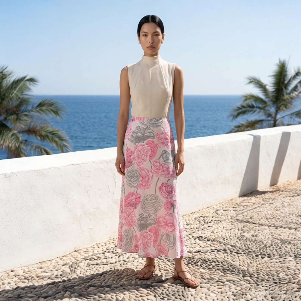 Oscar de la Renta Pink Floral Rayon Maxi Skirt Petite 10P P13232P NEW - Picture 3 of 7